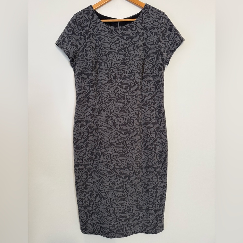 Ann Taylor Factory Gray Leaf Jacquard Short Sleeve Sheath Dress